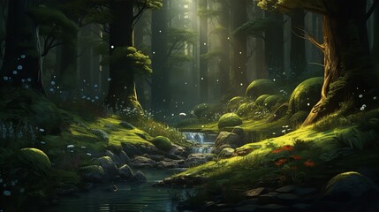 a serene forest scene bathed in soft, diffused light. Tall, majestic trees with green foliage line both sides of the canvas, a gentle stream meanders through the forest floor