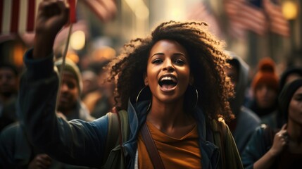 Protesters, African woman shouting and gesturing while taking part protest for equal rights. - obrazy, fototapety, plakaty