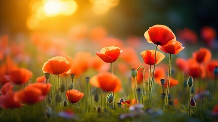 Poppy spring flowers with sunlight, blurred nature background - obrazy, fototapety, plakaty