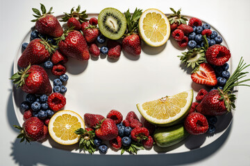 Colorful fruits and leaves are displayed on a white background.