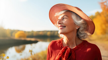 Portrait of senior woman in straw hat looking up on field
