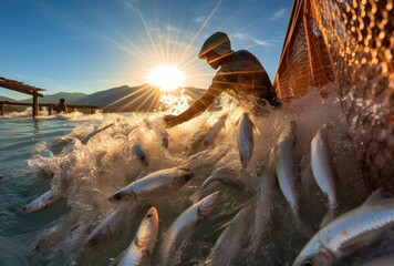 Fishing nets in action Asian Fishermen at work - obrazy, fototapety, plakaty