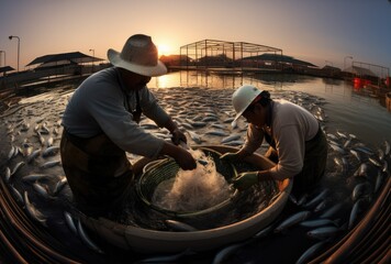 Fishing nets in action Asian Fishermen at work - obrazy, fototapety, plakaty