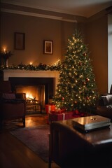 Christmas tree with fireplace and gifts