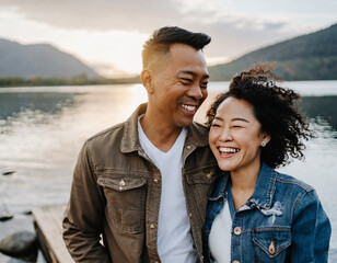 A man and woman are smiling and laughing while standing next to a body of water