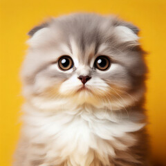 Fototapeta premium Cute fluffy portrait kitty Cat Scottish fold looking at camera. ai generative