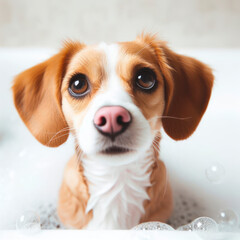 Cutie dog in bathtub full of soap. ai generative