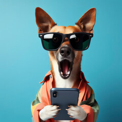 Shocked dog in sunglasses holding smartphone. ai generative - obrazy, fototapety, plakaty