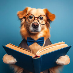 Surprised dog in glasses holding opened book. ai generative