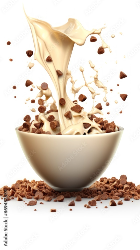 Wall mural Chocolate cornflakes falling into a glass bowl with milk splash. Healthy Food concept with a copy space.