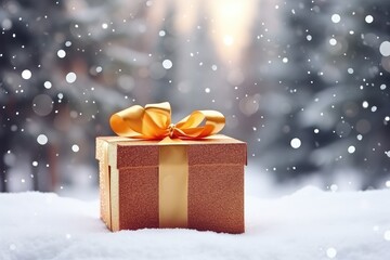 Christmas Gift Box on Snow, One Xmas Gift in Snowflakes, Generative AI Illustration
