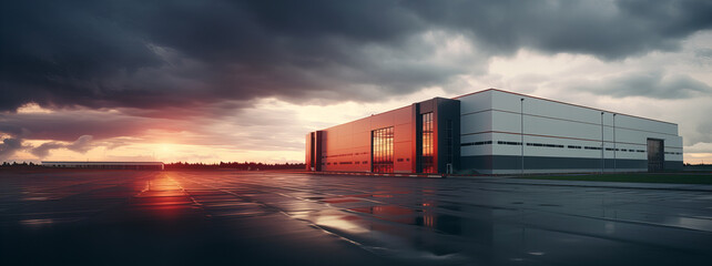 Modern logistics warehouse building structure on cloudy day. Generative AI
