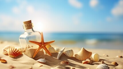 Starfish shells and a glass bottle on a sandy beach with azure sea as a backdrop