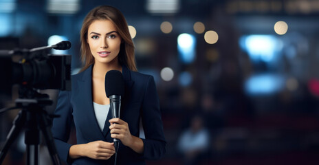 Girl journalist with microphone with space for your inscription