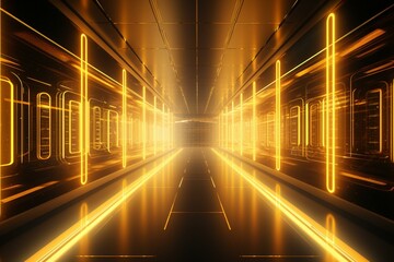 A rendered corridor in a data center with yellow lights for cloud computing and mining technology. Generative AI