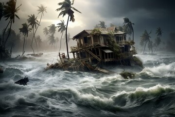 Severe storm wreaks havoc: island flooding and mass destruction. Generative AI - obrazy, fototapety, plakaty
