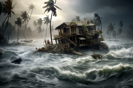 Severe storm wreaks havoc: island flooding and mass destruction. Generative AI