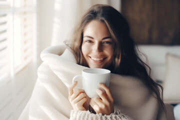 Young woman wrapped in a white blanket  holding a cup with hot drink trying to warm up in the cold apartment - obrazy, fototapety, plakaty