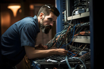 System administrator is trying to solve a complex server problem. A dark room, server racks and lots of wires make the task difficult.