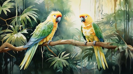 Tropical rainforest with parrots in two colors white and gold watercolor illustration 