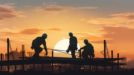 Silhouette of construction workers working at sunset vector image