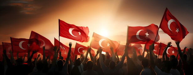 Turkish flags at sunset. Protest. Riot. Revolution. Red color.