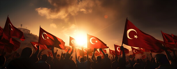 Turkish flags at sunset. Protest. Riot. Revolution. Red color. - obrazy, fototapety, plakaty