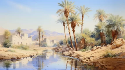 Fototapeten Watercolor painting, a landscape of the Arabian Peninsula in the past, for houses, palm trees and camels - used as a wall painting  © Areesha