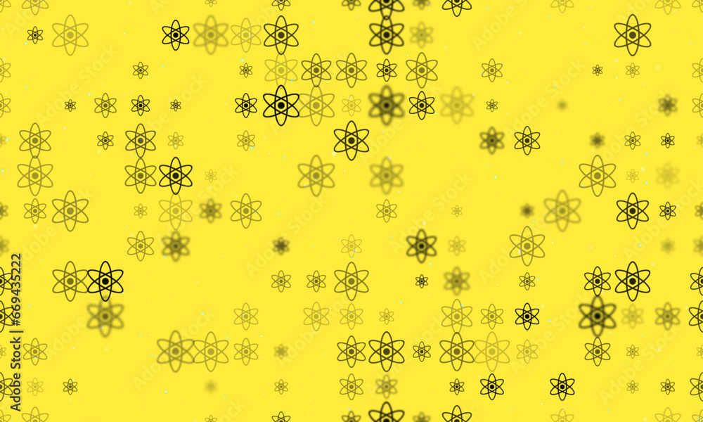 Poster seamless background pattern of evenly spaced black atomic symbols of different sizes and opacity. ve