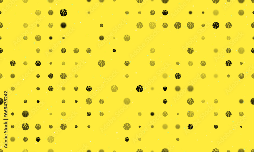Poster seamless background pattern of evenly spaced black basketball symbols of different sizes and opacity