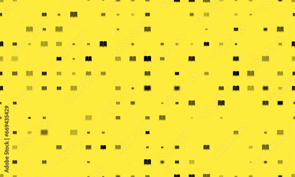 Poster seamless background pattern of evenly spaced black book symbols of different sizes and opacity. vect