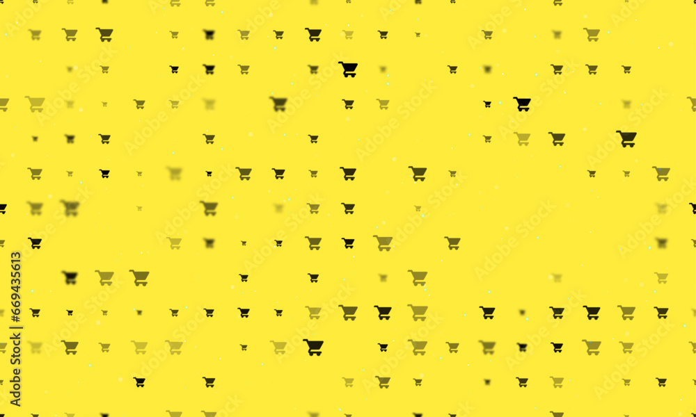 Poster seamless background pattern of evenly spaced black shopping cart symbols of different sizes and opac