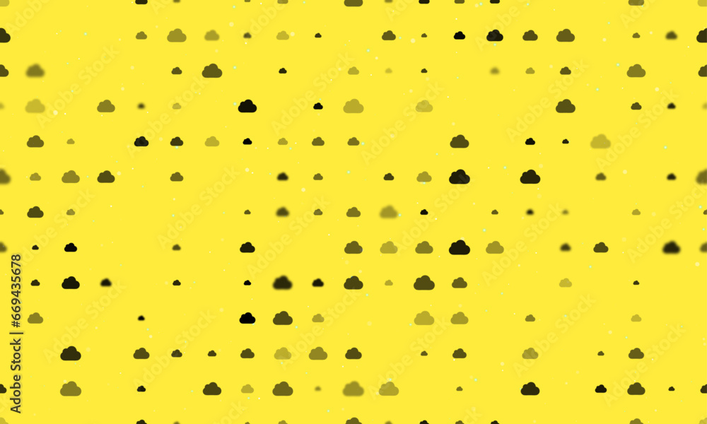Poster seamless background pattern of evenly spaced black cloud symbols of different sizes and opacity. vec