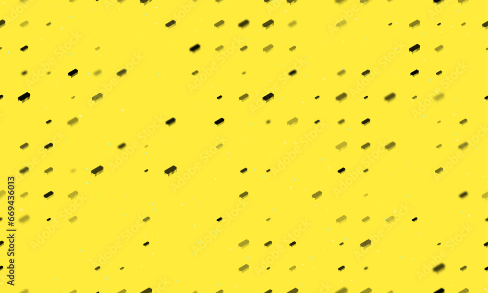 Poster Seamless background pattern of evenly spaced black integrated circuit symbols of different sizes and opacity. Vector illustration on yellow background with stars