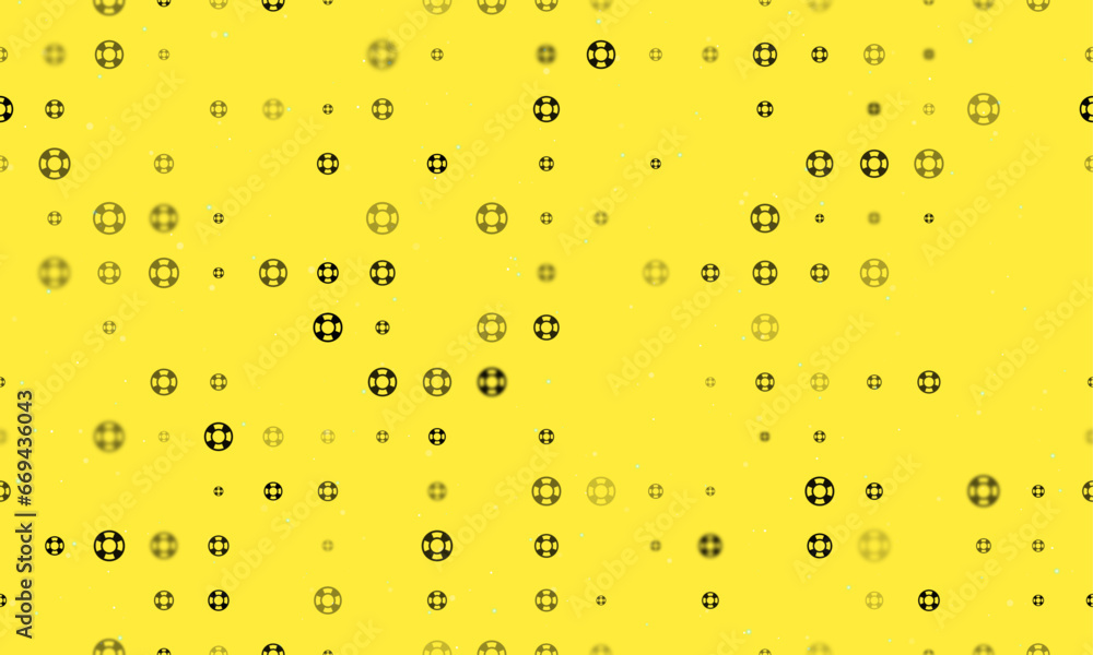 Poster seamless background pattern of evenly spaced black lifebuoy symbols of different sizes and opacity. 