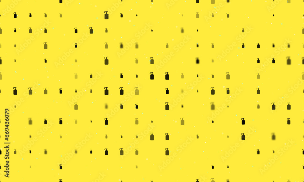 Poster seamless background pattern of evenly spaced black liquid soap symbols of different sizes and opacit