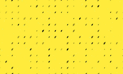 Seamless background pattern of evenly spaced black leaflet symbols of different sizes and opacity. Vector illustration on yellow background with stars