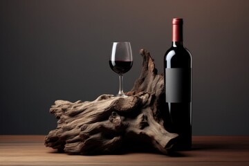 Red wine bottle with a glass on the background of a wooden snag, Mockup