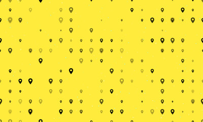 Seamless background pattern of evenly spaced black location symbols of different sizes and opacity. Vector illustration on yellow background with stars