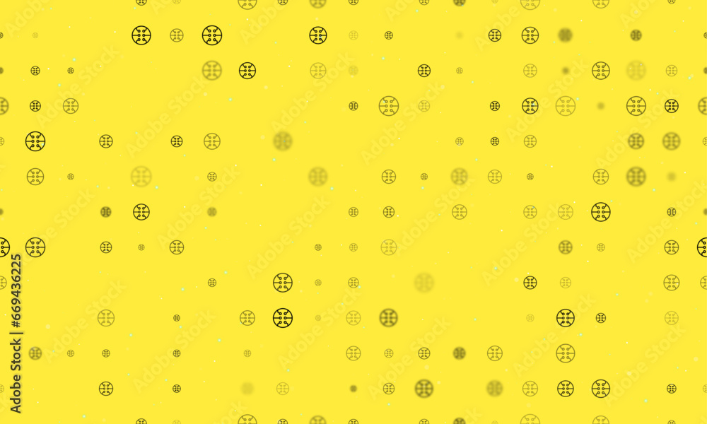 Poster Seamless background pattern of evenly spaced black microcircuit symbols of different sizes and opacity. Vector illustration on yellow background with stars