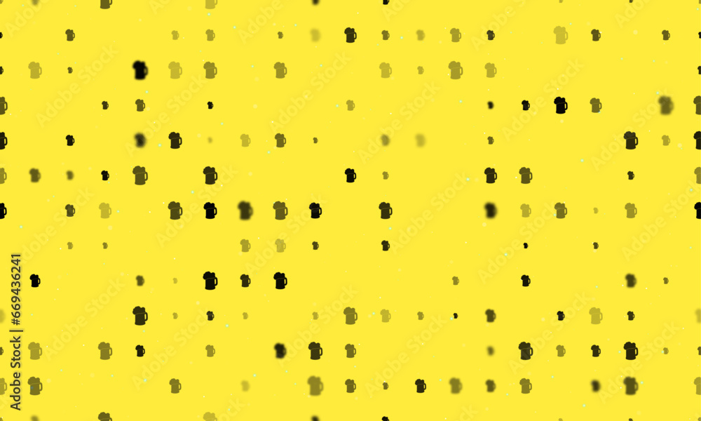 Poster seamless background pattern of evenly spaced black mug beer symbols of different sizes and opacity. 
