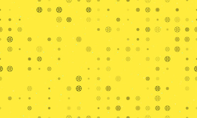 Seamless background pattern of evenly spaced black microcircuit symbols of different sizes and opacity. Vector illustration on yellow background with stars