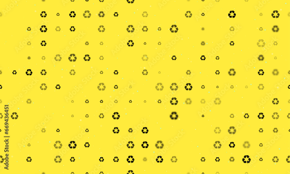 Poster seamless background pattern of evenly spaced black recycling symbols of different sizes and opacity.