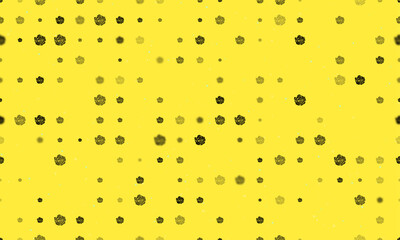 Seamless background pattern of evenly spaced black roses of different sizes and opacity. Vector illustration on yellow background with stars