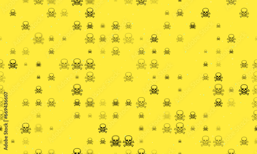 Poster seamless background pattern of evenly spaced black skulls of different sizes and opacity. vector ill
