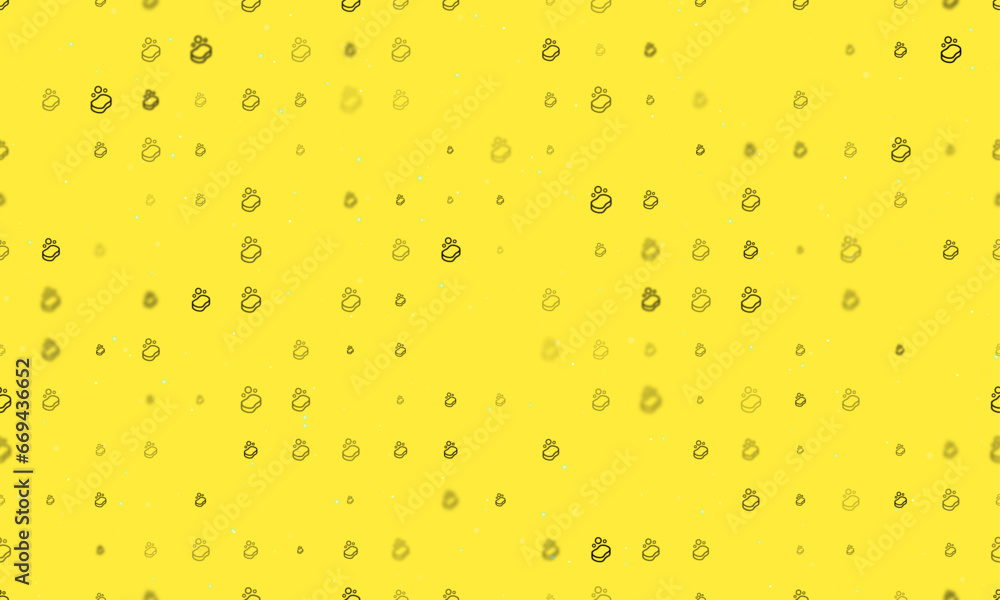 Poster seamless background pattern of evenly spaced black soap symbols of different sizes and opacity. vect