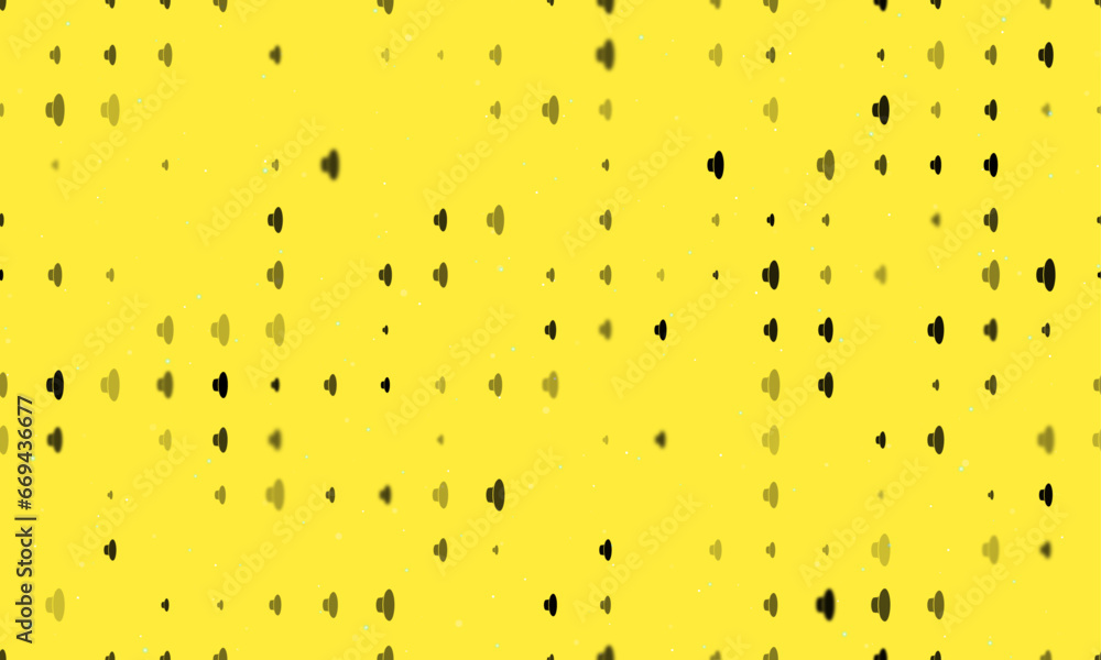 Poster seamless background pattern of evenly spaced black speaker symbols of different sizes and opacity. v