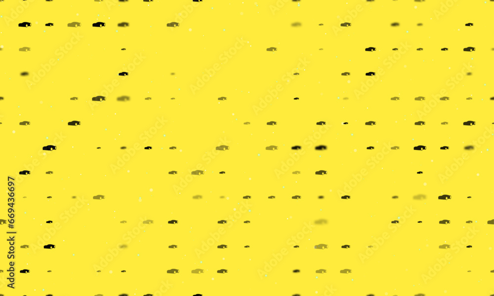 Poster seamless background pattern of evenly spaced black sport car symbols of different sizes and opacity.