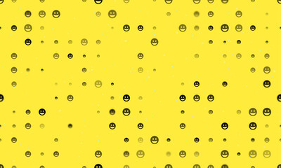 Seamless background pattern of evenly spaced black laughter Emoticons of different sizes and opacity. Vector illustration on yellow background with stars