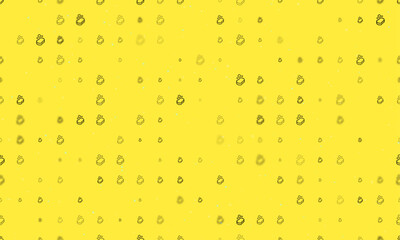 Seamless background pattern of evenly spaced black soap symbols of different sizes and opacity. Vector illustration on yellow background with stars